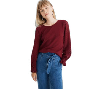 Madewell Texture & Thread Eyelet Maroon Mix Ruffle Sleeve Top L AD111